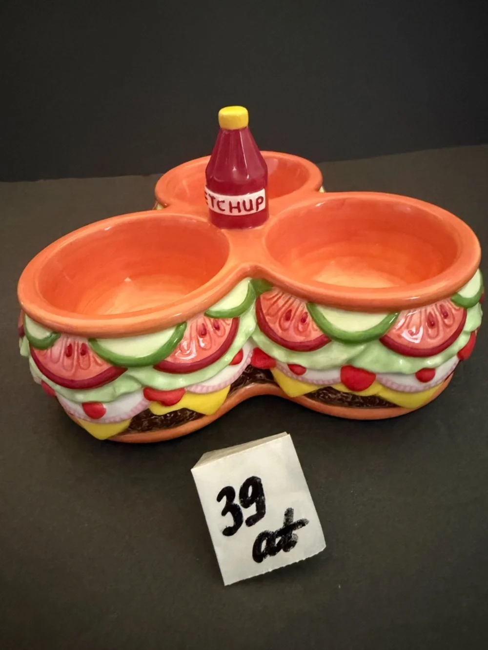Ceramic Triple Dip Server Dish Cheeseburger with Ketchup Bottle